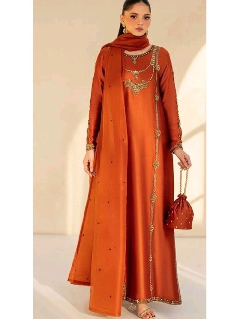 Dastoor Collection Camila Rust Tissue Silk Shalwar Kameez Suit Dupatta New S